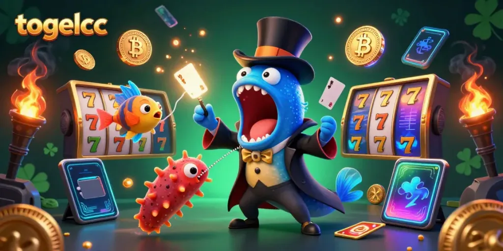 Engage with the vibrant togelcc gaming scene featuring a magician eel and casino elements.