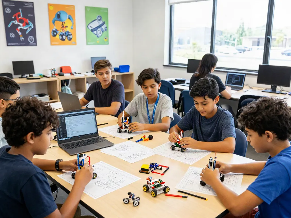 Pelajar kreatif di https://robotfestival.net/kwa-62910 sedang merakit robot dengan alat dan perangkat teknologi di dalam kelas yang cerah.