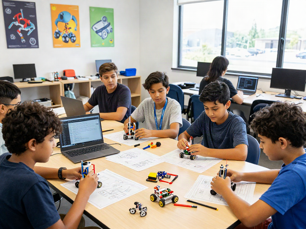 Pelajar kreatif di https://robotfestival.net/kwa-62910 sedang merakit robot dengan alat dan perangkat teknologi di dalam kelas yang cerah.