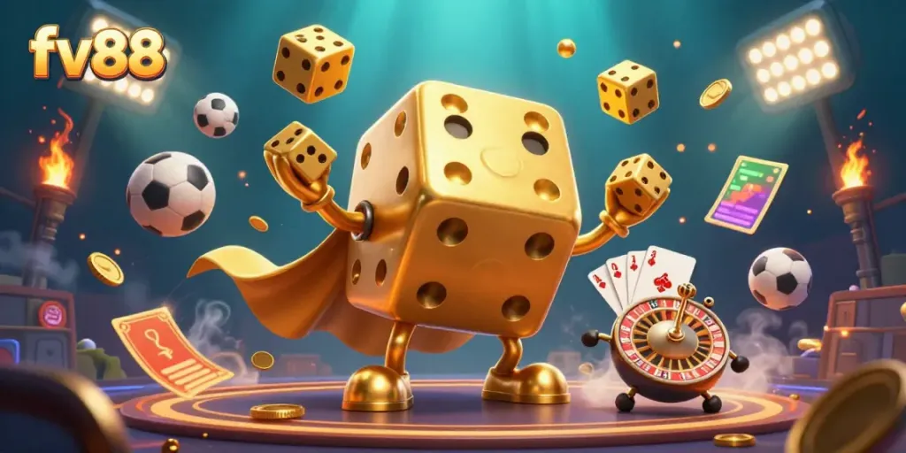 Experience thrilling gaming action at FV88 with dynamic golden dice and vibrant sports elements.