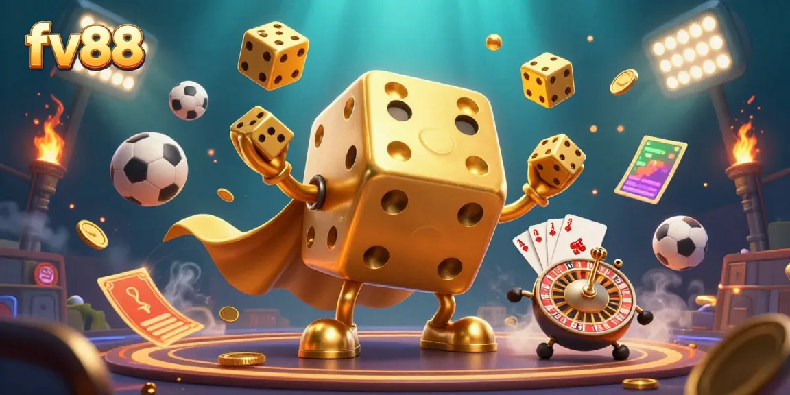 Experience thrilling gaming action at FV88 with dynamic golden dice and vibrant sports elements.