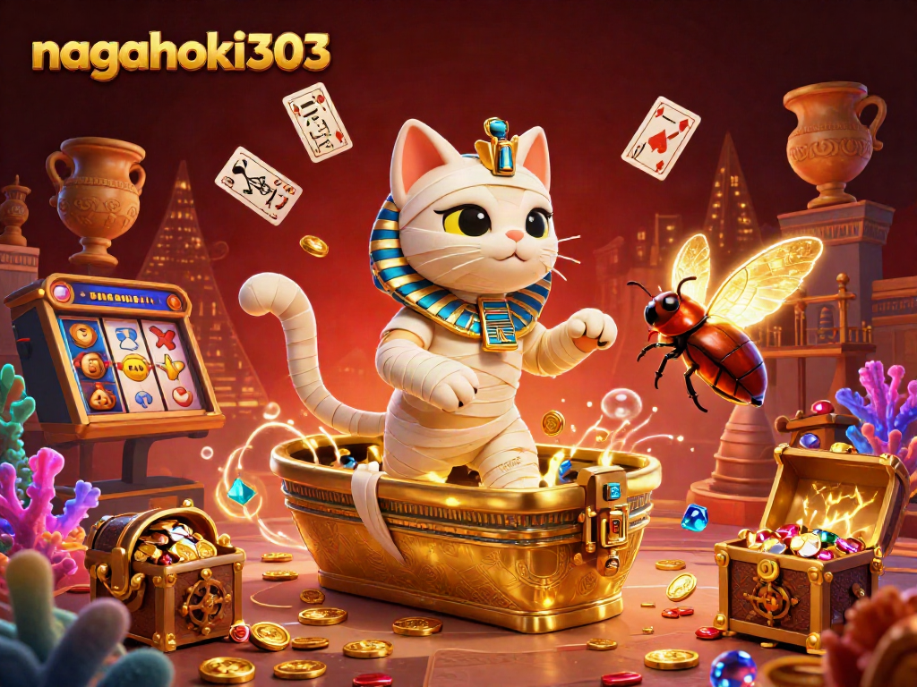 Rasakan keseruan bermain di nagahoki303 dengan ilustrasi kucing mummy dan simbol slot di kasino menawan.
