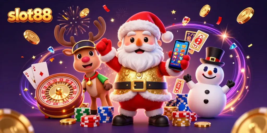 Slot88 menampilkan Santa Claus, rusa dan boneka salju merayakan jackpot dengan slot dan koin emas terus menerus.