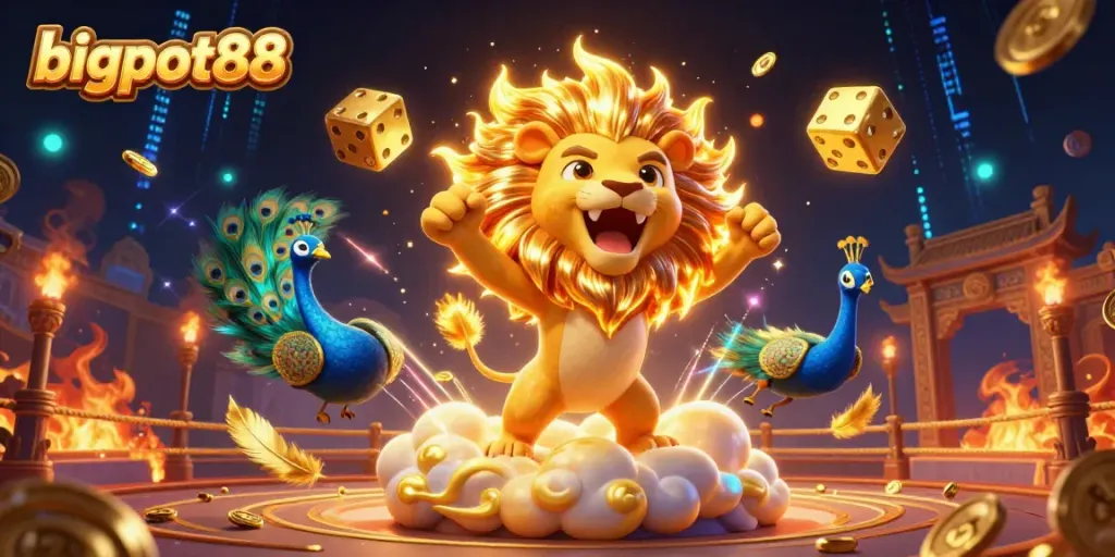 Engage with bigpot88's vibrant casino experience featuring animated characters and gaming elements in a dynamic scene.