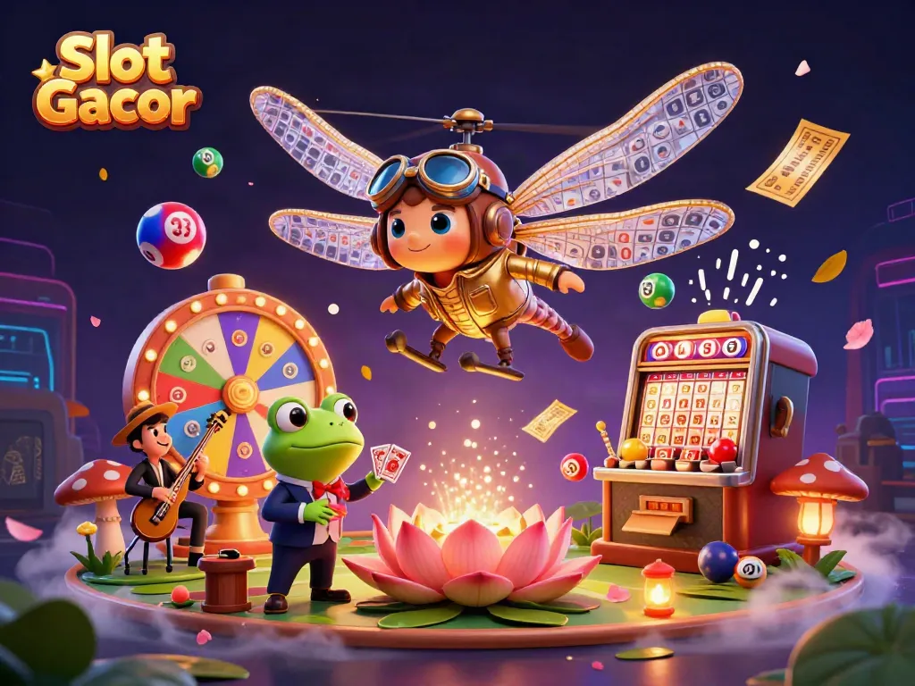Experience Slot Gacor thrills with vibrant casino scene featuring a dragonfly pilot and frog croupier.