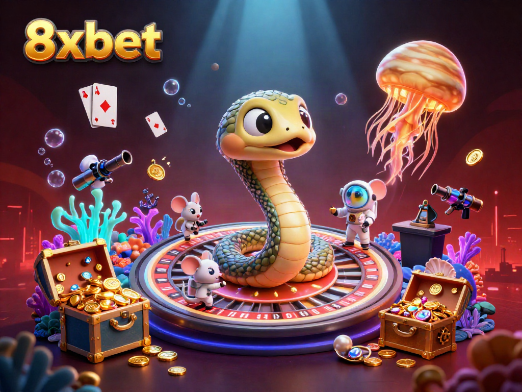 Engage with the thrilling universe of 8xbet, showcasing cosmic dealers and astronaut mice betting on a roulette wheel of destiny.