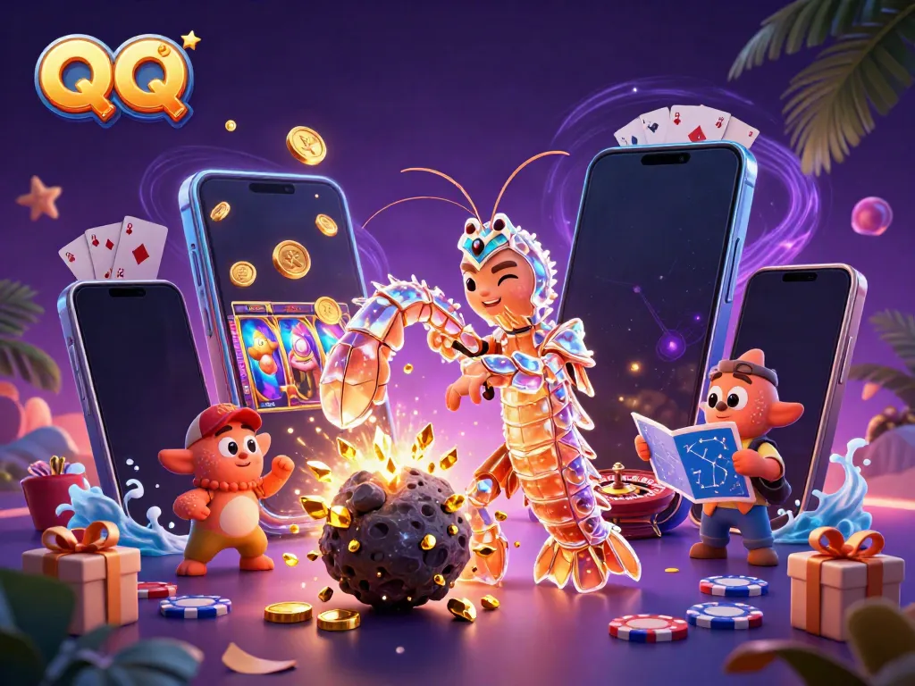 Experience the thrilling QQ Slot universe with a galactic samurai mantis shrimp and vivid casino elements exploding with excitement.