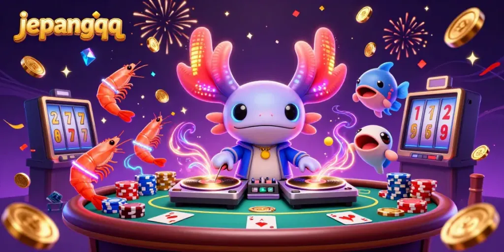 Permainan kartu di JepangQQ dengan DJ axolotl dan kerumunan udang berkilau.