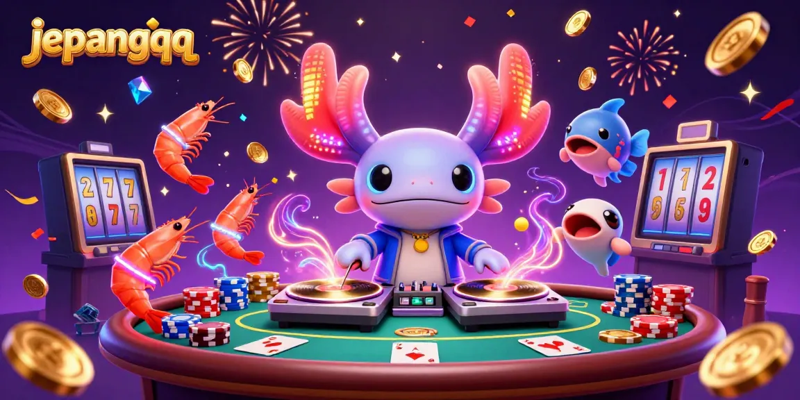 Permainan kartu di JepangQQ dengan DJ axolotl dan kerumunan udang berkilau.
