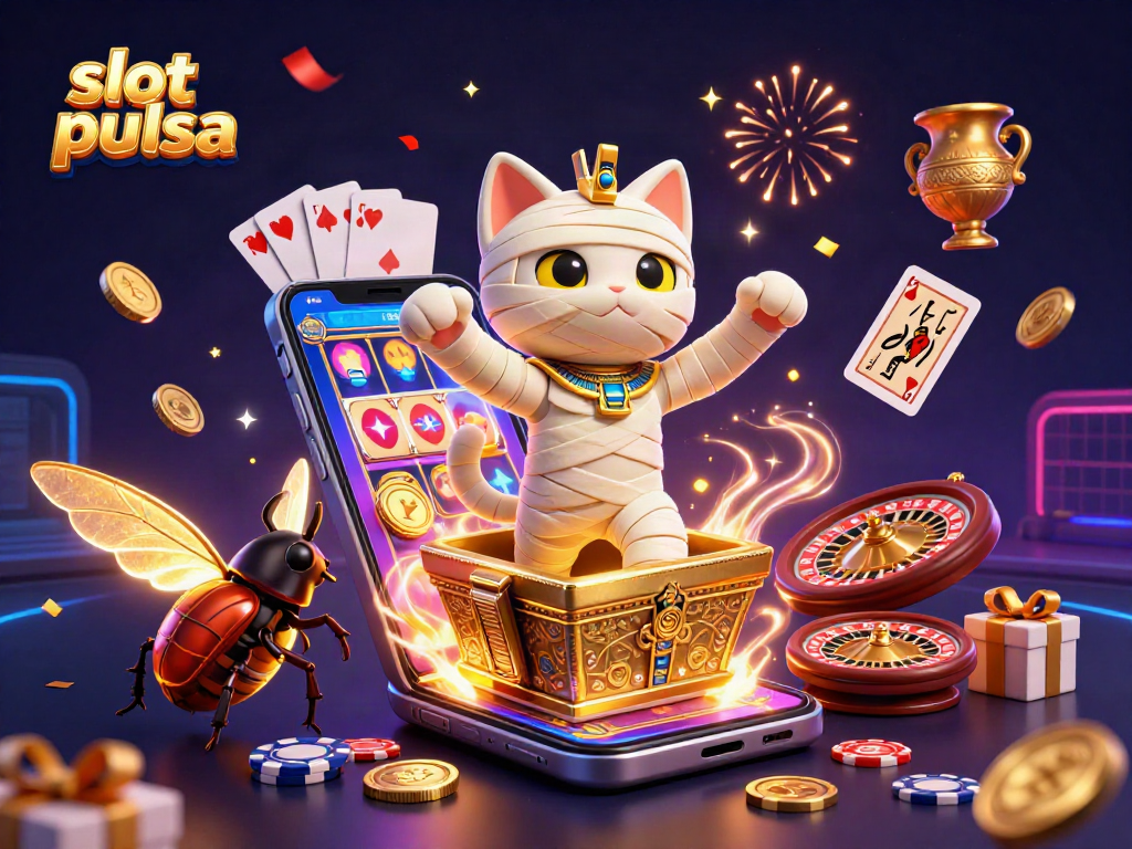 Experience thrill with slot pulsa at a vibrant pyramid casino featuring an Egyptian mummy cat and scarab beetle.