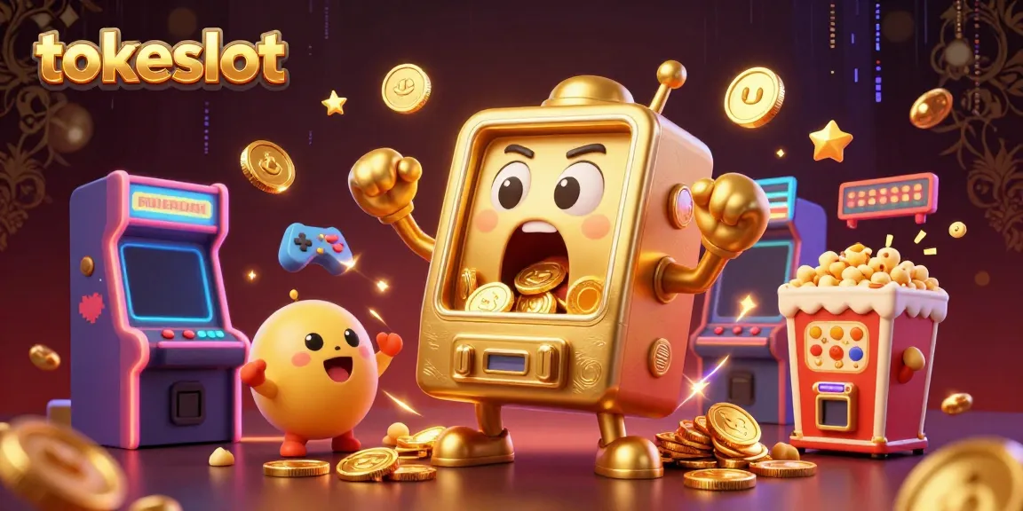Win big with TokeSlot as a golden slot machine celebrates a jackpot amidst vibrant gaming elements.