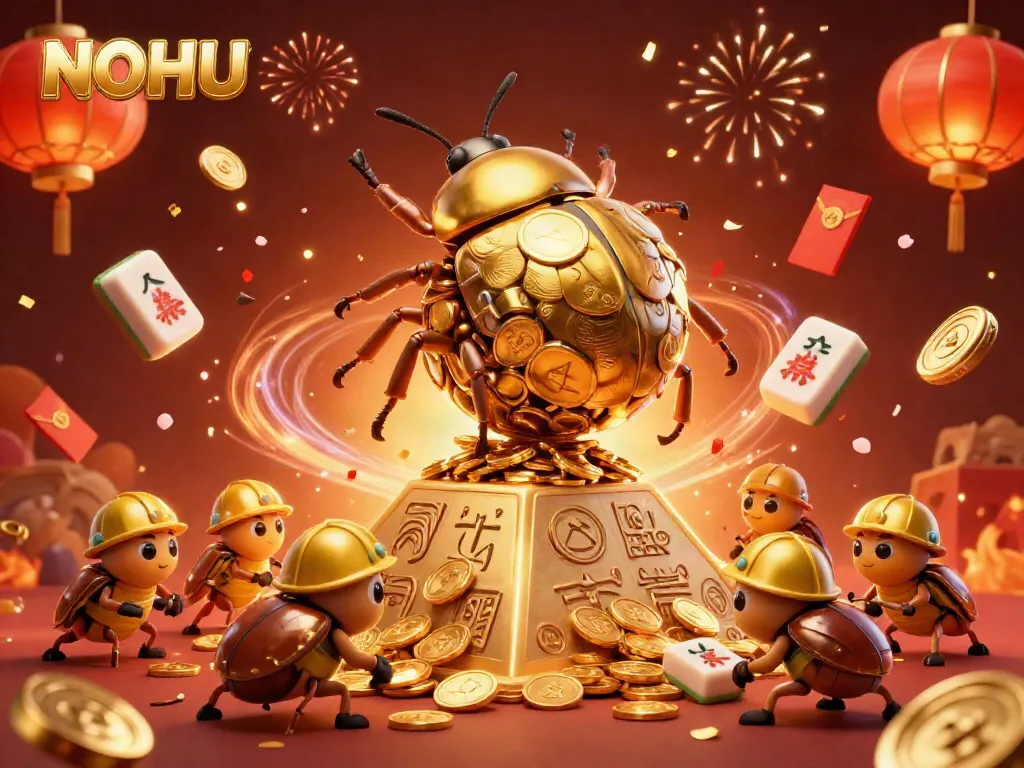 NoHU showcases a vibrant 3D scene filled with golden beetles and casino elements, illustrating thrilling gameplay.