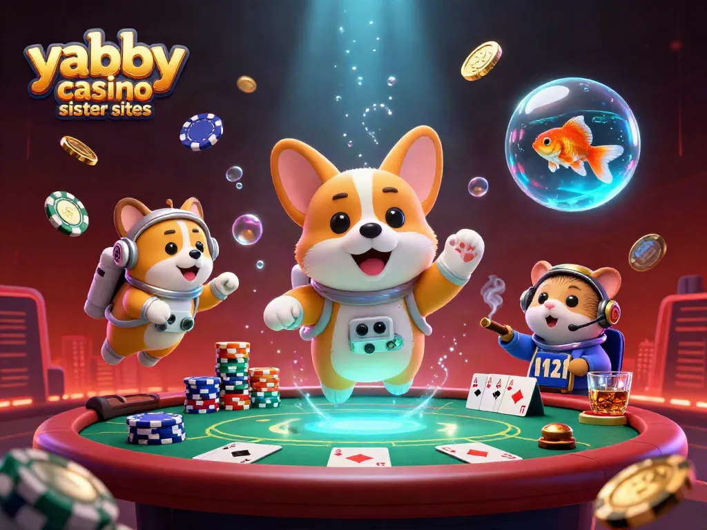 Experience the excitement of yabby casino sister sites with vibrant 3D illustration of poker action in space.