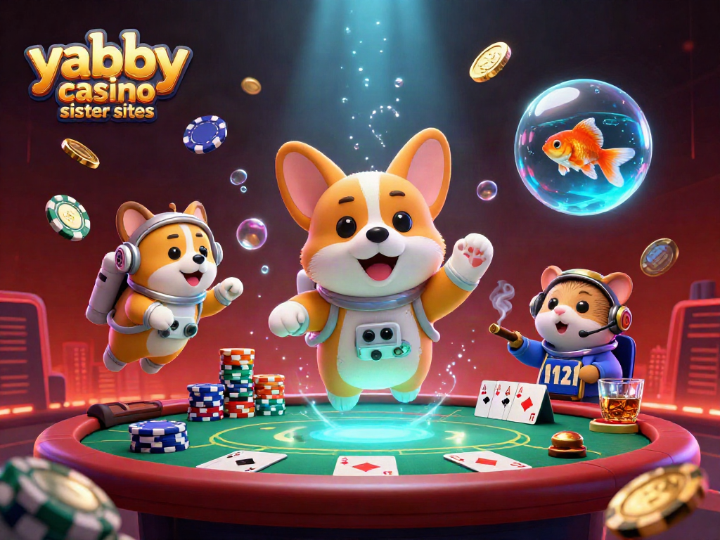 Experience the excitement of yabby casino sister sites with vibrant 3D illustration of poker action in space.
