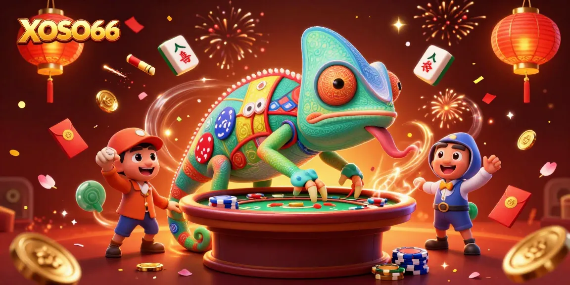 XOSO66 promotes thrilling online gaming with a vibrant chameleon casino owner and festive motifs.