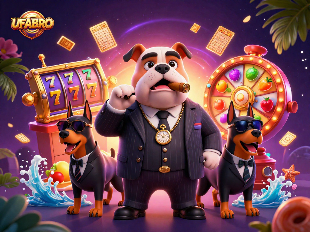 Win big with UFABRO in this vibrant casino scene featuring a mafia bulldog and dynamic gambling elements.