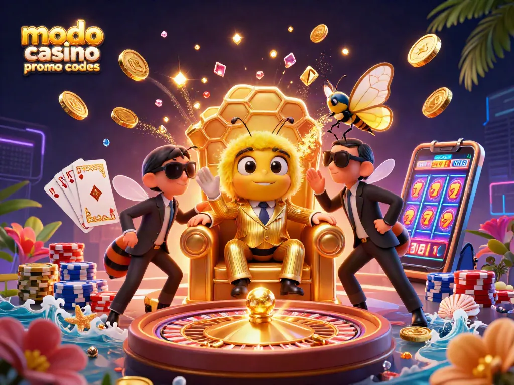 Engage with modo casino promo codes for exciting casino rewards, featuring a dynamic 3D scene of characters and game elements.