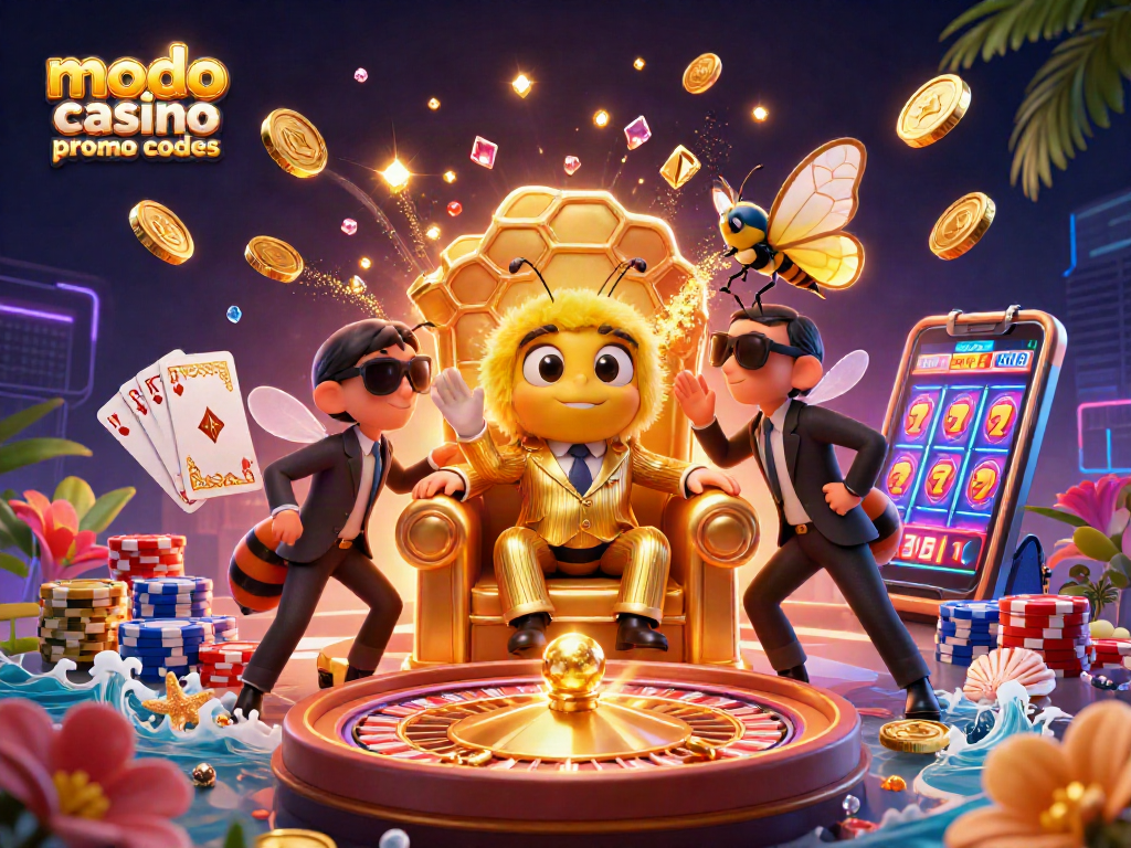 Engage with modo casino promo codes for exciting casino rewards, featuring a dynamic 3D scene of characters and game elements.