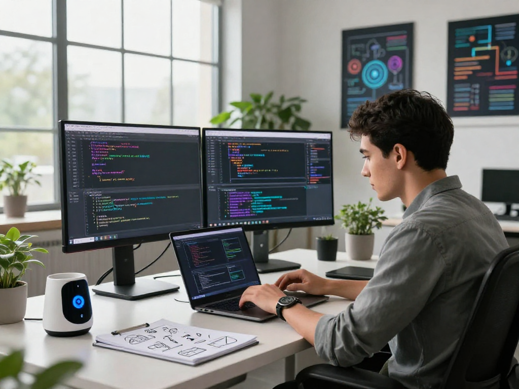 AI developer programming with spicy ai tools in a modern tech workspace