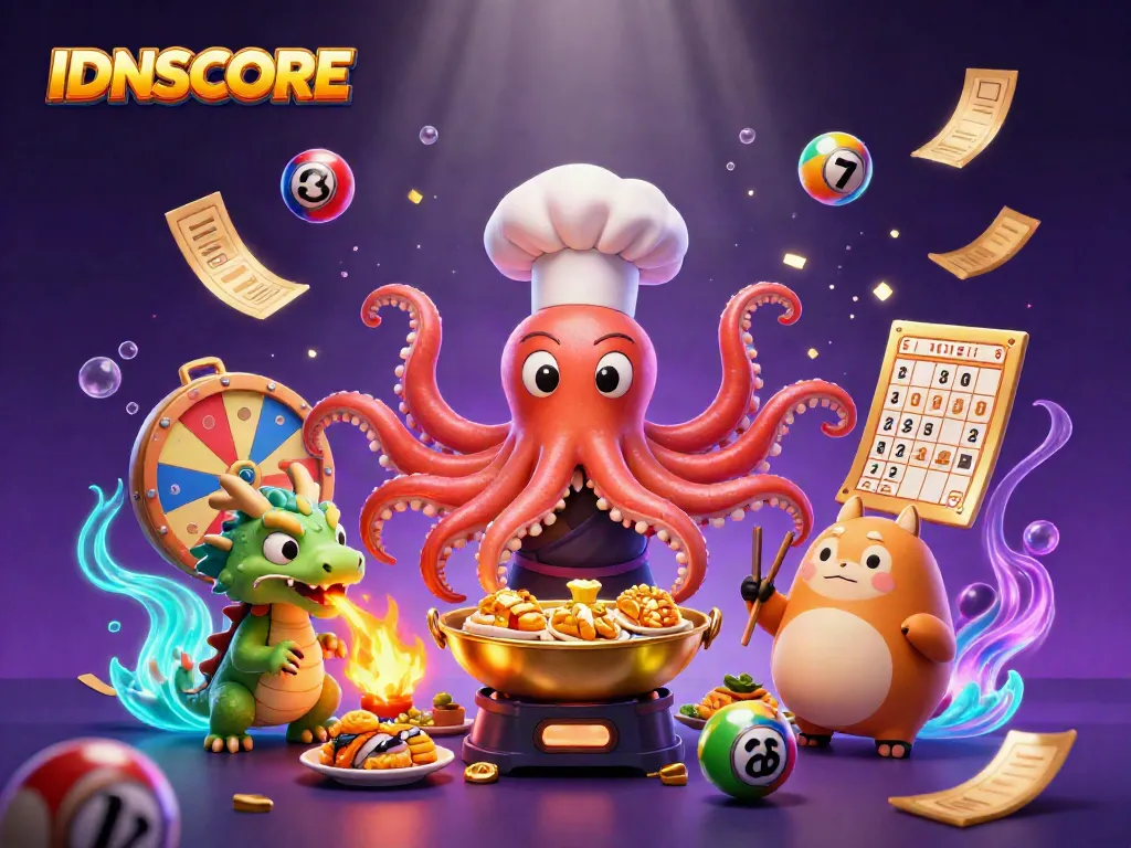 Experience the excitement of IDNSCORE with a vibrant 3D illustration featuring a sushi chef octopus and friends amidst dynamic gaming elements.