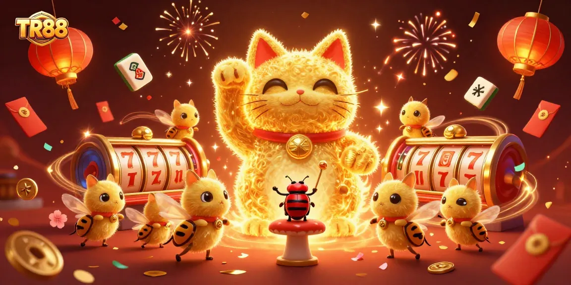 Experience TR88's exciting casino atmosphere with a vibrant lucky cat, engaging symbols, and festive effects.