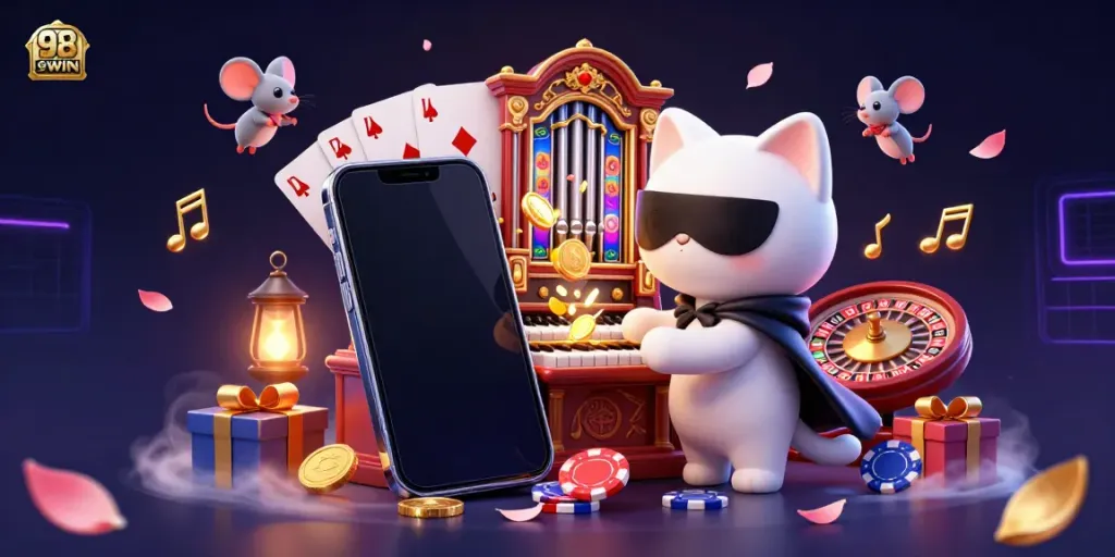 Engage in exciting games at 98WIN with a lively casino atmosphere featuring characters and dynamic symbols.