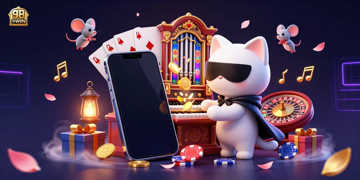 Engage in exciting games at 98WIN with a lively casino atmosphere featuring characters and dynamic symbols.