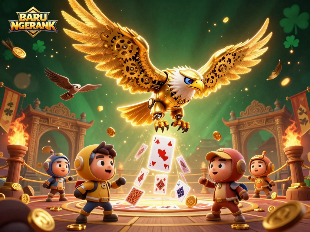 Engage in thrilling gameplay with BARU NGERANK, witnessing a cybernetic eagle diving through vibrant holographic cards.