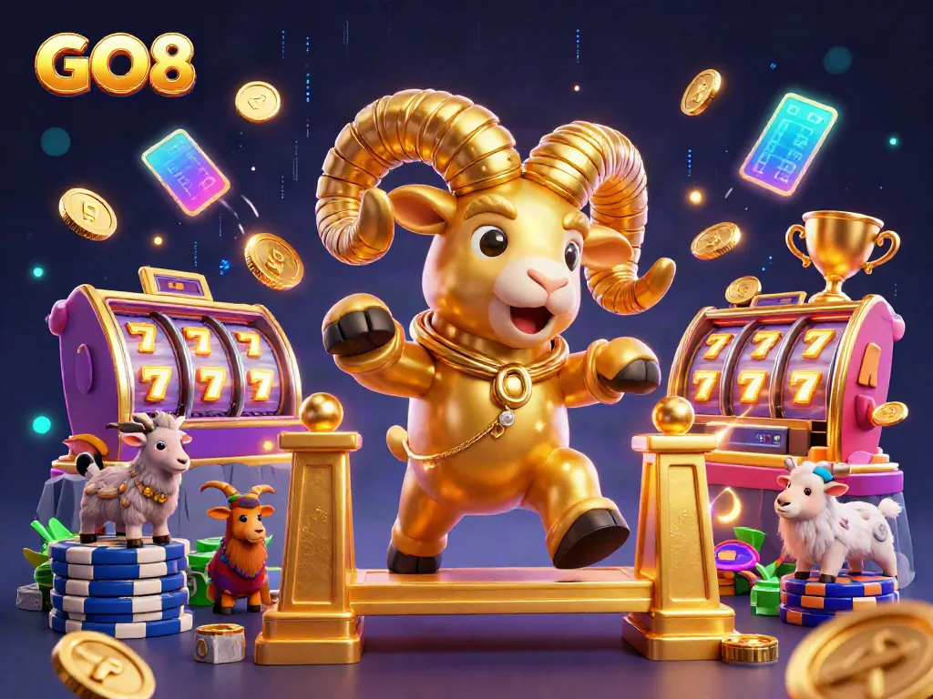 Experience the excitement of GO8 with a golden ram charging through slot game elements and jackpots.