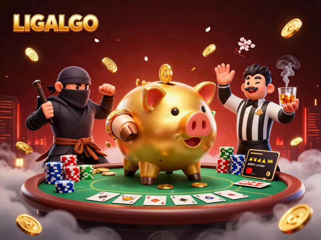 LIGALGO showcases a vibrant 3D casino scene with characters and poker elements, emphasizing excitement.