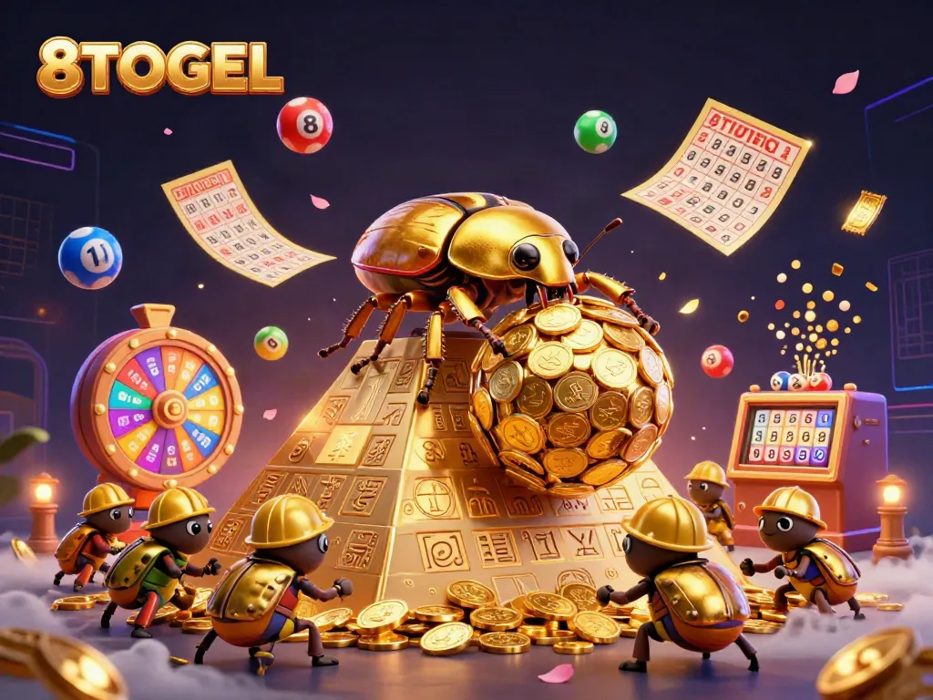 Menggulingkan koin emas 8TOGEL, simbol perjudian, dan bola lotere berwarna-warni dalam ilustrasi menarik.