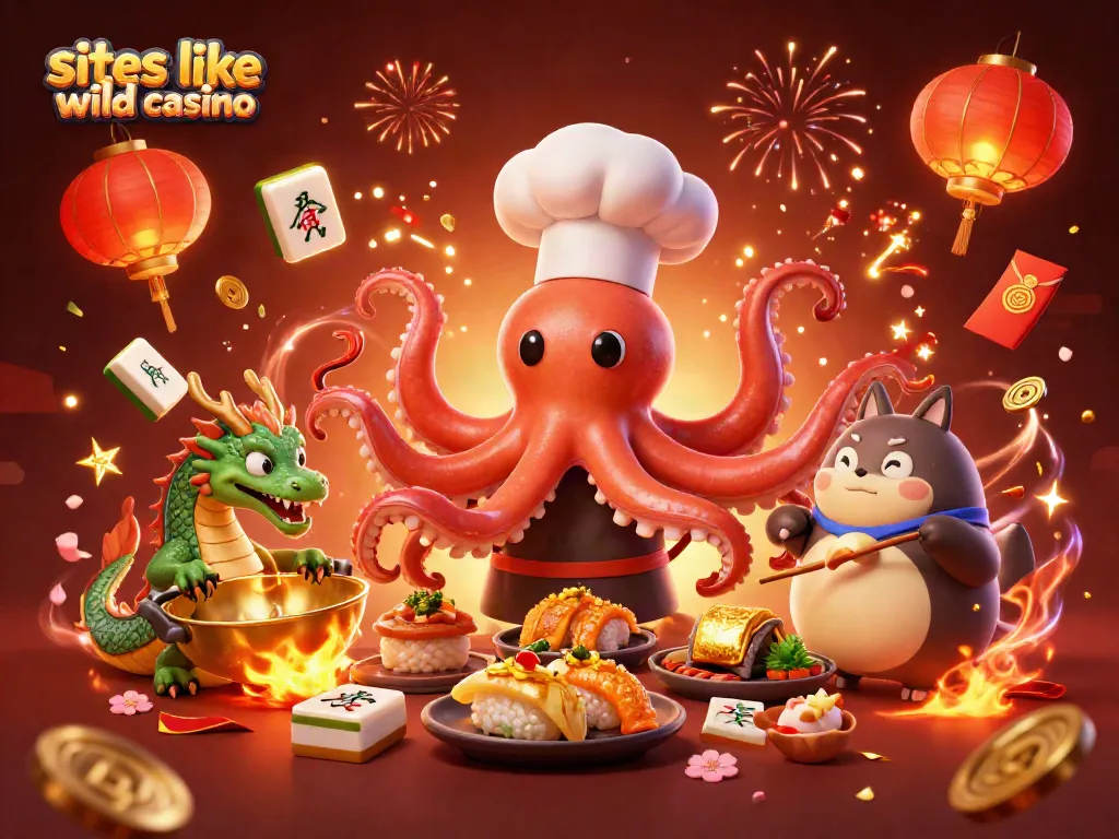 Experience thrilling gameplay with sites like Wild Casino as characters celebrate with firework festivities and golden treasures.