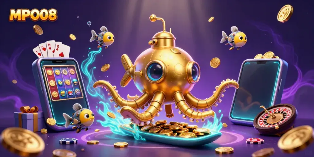 Spin colorful slot games with MPO08 kraken submarine and golden coins for winning chances.