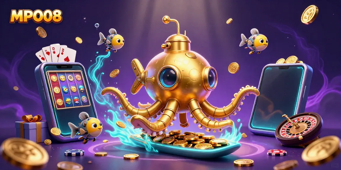 Spin colorful slot games with MPO08 kraken submarine and golden coins for winning chances.