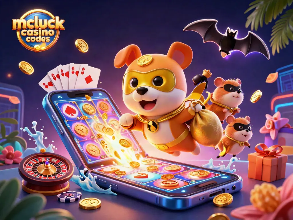Engage with McLuck casino bonus codes featuring a superhero dog and vibrant casino elements.