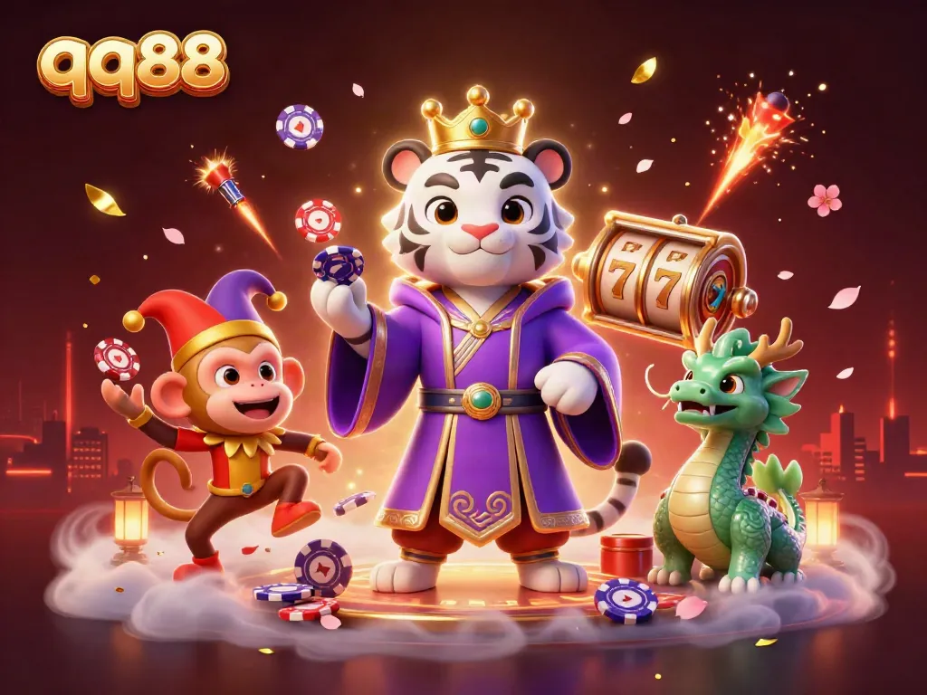 Engage with qq88's vibrant casino world through a 3D illustration featuring rich gaming elements.