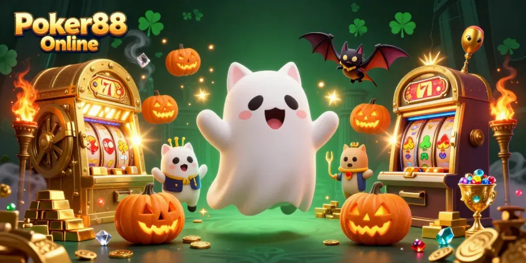 Experience Poker88 Online with a vibrant casino scene featuring ghostly characters and treasure elements.