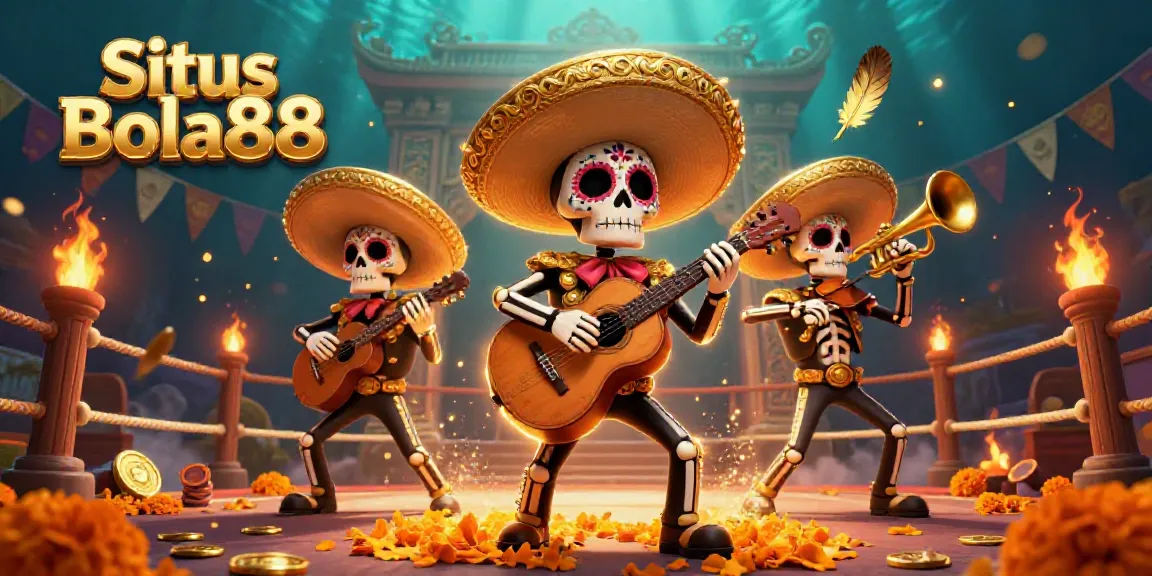 Experience a vibrant 3D scene of the Situs Bola88 mariachi band amidst a dazzling gambling arena.