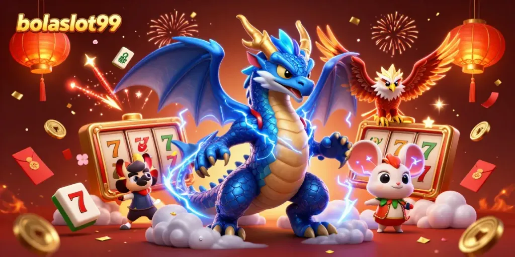 Experience thrilling gameplay with bolaslot99, featuring dragons and slot reels in a vibrant celebration scene.