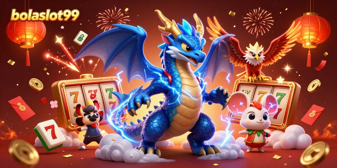 Experience thrilling gameplay with bolaslot99, featuring dragons and slot reels in a vibrant celebration scene.