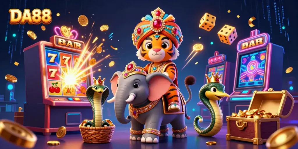 Experience the thrilling world of DA88 casino gaming with a vibrant 3D tiger character, slot machine, and dynamic elements.