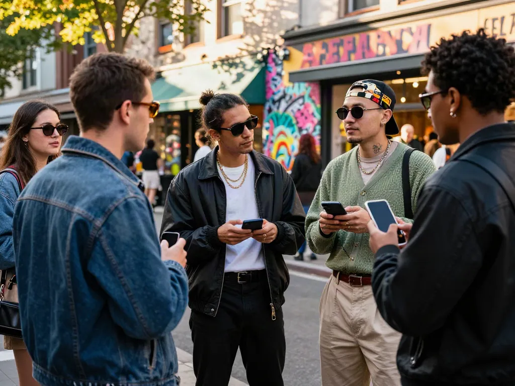 Fashion-forward group interacting in urban style with peh888 accessories.