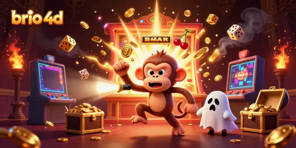 Experience the excitement of brio 4d with a lively scene of slots and golden treasures.