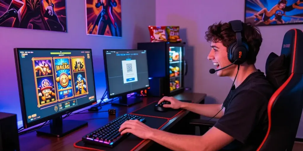 Player enjoying a slot gacor game on a gaming setup with vibrant PG SOFT graphics and QRIS deposit interface
