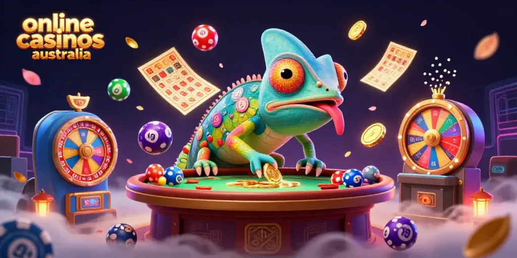 online casinos australia vibrant 3D scene with chameleon casino owner amidst exciting game elements