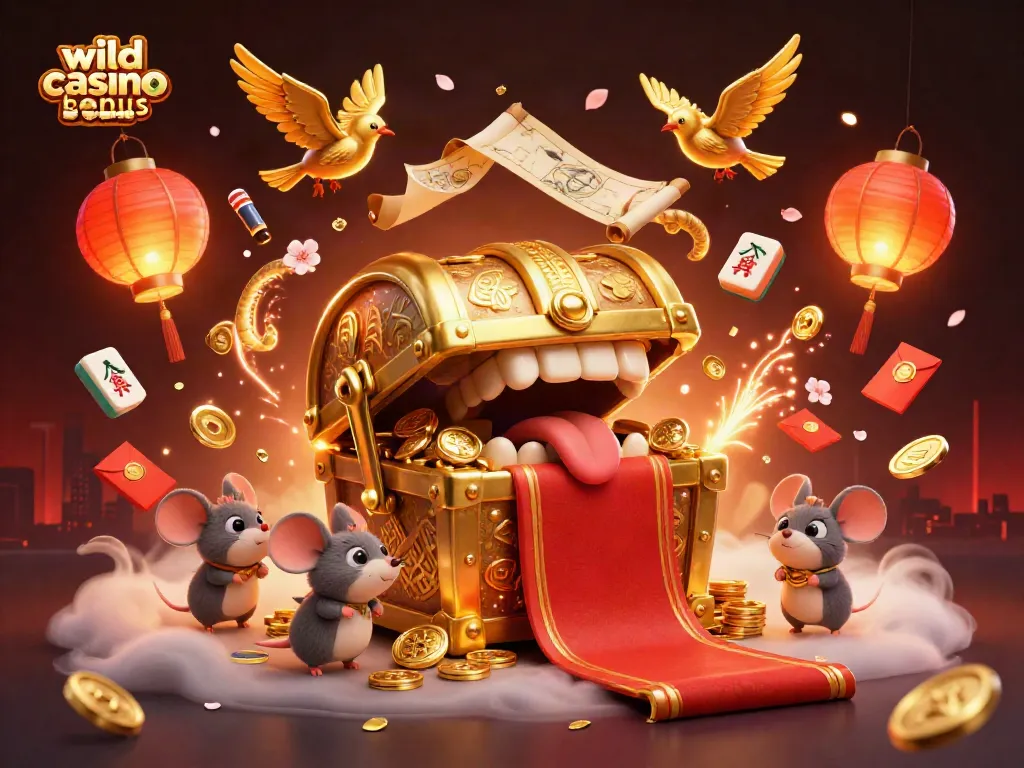 Play with wild casino bonus codes in this exciting 3D illustration featuring golden treasures and lively decorations.