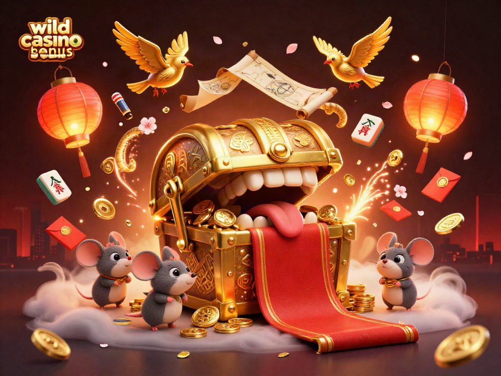 Play with wild casino bonus codes in this exciting 3D illustration featuring golden treasures and lively decorations.