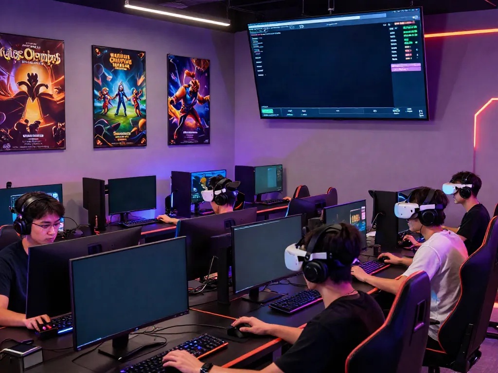 Players enjoying qqmacan online games in a modern gaming lounge, showcasing immersive setups and vibrant atmosphere.