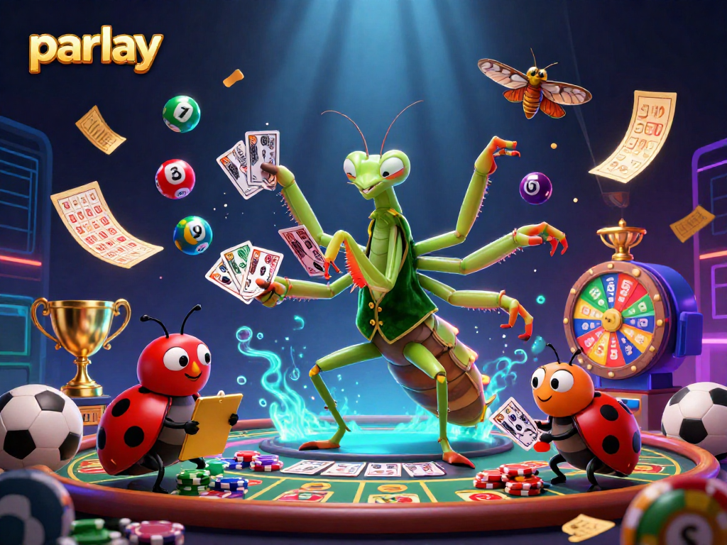 Engage in betting on parlay matches with vibrant sports elements and casino characters.