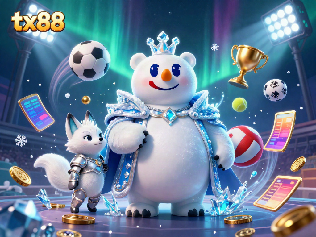 Engage with tx88 through a lively 3D scene featuring dynamic sports elements and enchanting characters.